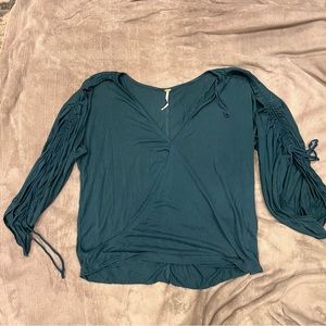 Free People Teal Blouse with Ruched Sleeves